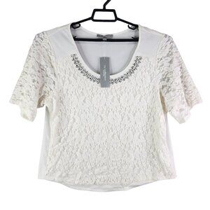 Womens White NY Collection Lace Blouse Top Embellished Neckline Short Sleeve 2X